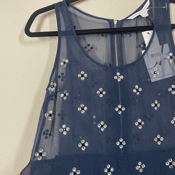 Diane Von Furstenberg 2 Abrielle Crystal Scoop Dress Mini Navy Silk Sleeveless - Picture 4 of 14